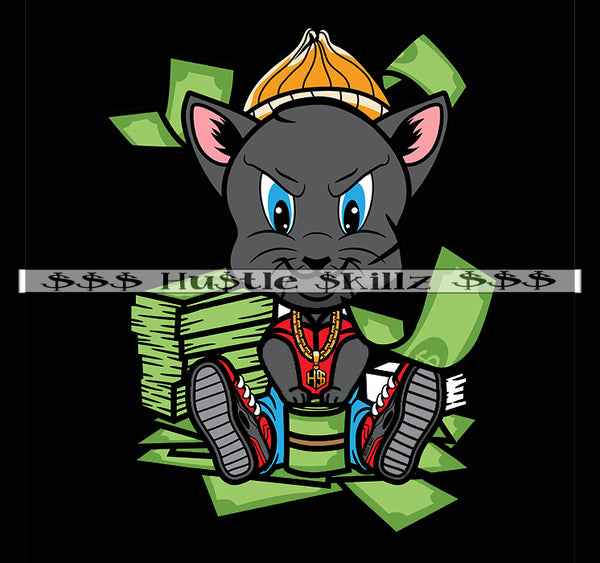 Gangster Cat Sitting On Money Stacks Gold Chain Cash Hustle Skillz Dope Hustler Hustling Designs For Products SVG PNG JPG EPS Cut Cutting