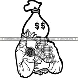 Man Money Bag Head Carrying Money Stacks Rap Hip Hop Hustler Grind Logos Black And White Designs Hustle Skillz SVG PNG JPG Vector Cutting Files Silhouette Cricut