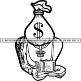 Woman Money Bag Head Counting Money Hustler Grind Hip Hop Rap Logos Black And White Designs Hustle Skillz SVG PNG JPG Vector Cutting Files Silhouette Cricut