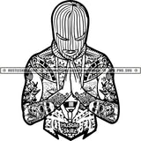 Gangster Man Praying Prayers Pray Ski Mask Tattoos Hip Hop Rap Logos Black And White Designs Hustle Skillz SVG PNG JPG Vector Cutting Files Silhouette Cricut