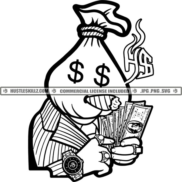 Man Money Bag Head Smoking Cigar Counting Money Hustler Grind Hip Hop Rap Logos Black And White Designs Hustle Skillz SVG PNG JPG Vector Cutting Files Silhouette Cricut