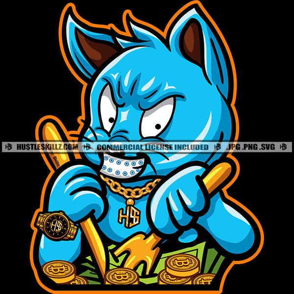 Gangster Blue Cat Scarface Eating Money Grind Gold Chain Watch Grinding Hustler Wearing Mask Hustling Designs Hustlers Bitcoin Logo Hustle Skillz SVG PNG JPG Vector Cut Files Silhouette Cricut