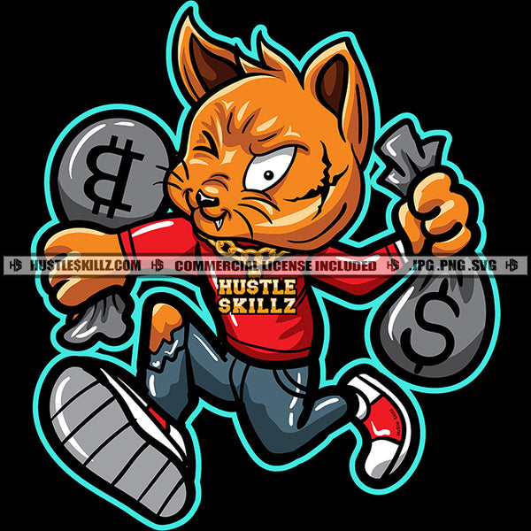 Gangster Cat Scarface Cartoon Character Running Cash Bags Evil Sarcastic Face Gold Hustler Chain Logo Hustle Skillz SVG PNG JPG Vector Cut Files Silhouette Cricut