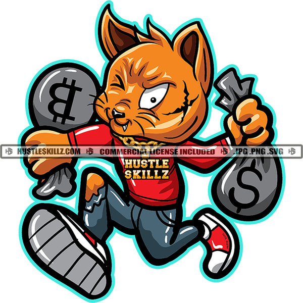 Gangster Cat Scarface Cartoon Character Running Cash Bags Evil Sarcastic Face Gold Hustler Chain Logo Hustle Skillz SVG PNG JPG Vector Cut Files Silhouette Cricut
