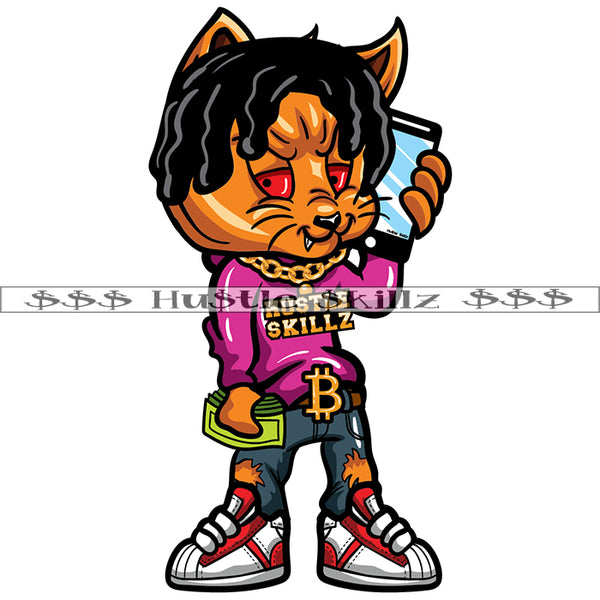 Gangster Cat Holding Cellphone Money Stoned Red Eyes Grind Grinding Hustle Skillz Dope Hustler Hustling Designs For Products SVG PNG JPG EPS Cut Cutting