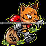 Gangster Cat Scarface Kitten Holding Bank Bags Sacks Money Dollar Sign Running Grind Hustling Logo Hustle Skillz SVG PNG JPG Vector Cut Files Silhouette Cricut