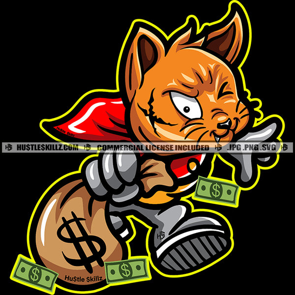 Gangster Cat Scarface Kitten Holding Bank Bags Sacks Money Dollar Sign Running Grind Hustling Logo Hustle Skillz SVG PNG JPG Vector Cut Files Silhouette Cricut