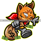 Gangster Cat Scarface Kitten Holding Bank Bags Sacks Money Dollar Sign Running Grind Hustling Logo Hustle Skillz SVG PNG JPG Vector Cut Files Silhouette Cricut