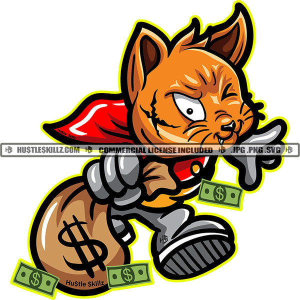 Gangster Cat Scarface Kitten Holding Bank Bags Sacks Money Dollar Sign Running Grind Hustling Logo Hustle Skillz SVG PNG JPG Vector Cut Files Silhouette Cricut