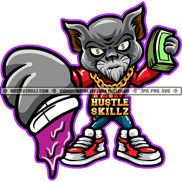 Dripping Gangster Scarface Cat Holding Money Stacks Purple Drink Grinding Grind Hustling Hustler Gold Chain Logo Hustle Skillz SVG PNG JPG Vector Cut Files Silhouette Cricut