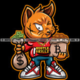 Scarface Gangster Cat Holding Money Bag Stacks Coins Stocks Grinding Grind Gold Chain Bitcoin Logo Hustle Skillz SVG PNG JPG Vector Cut Files Silhouette Cricut