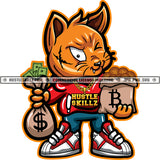 Scarface Gangster Cat Holding Money Bag Stacks Coins Stocks Grinding Grind Gold Chain Bitcoin Logo Hustle Skillz SVG PNG JPG Vector Cut Files Silhouette Cricut