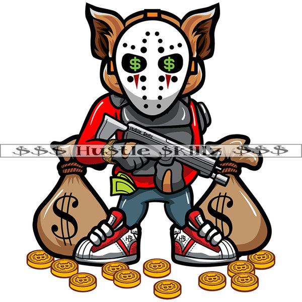 Gangster Creepy Cat Holding Riffle Weapon Money Bags Coins Grind Grinding Hustle Skillz Dope Hustler Hustling Designs For Products SVG PNG JPG EPS Cut Cutting