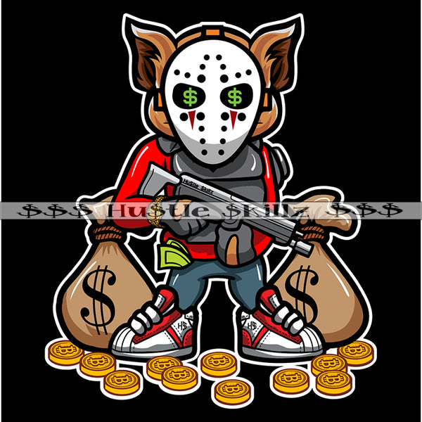 Gangster Creepy Cat Holding Riffle Weapon Money Bags Coins Grind Grinding Hustle Skillz Dope Hustler Hustling Designs For Products SVG PNG JPG EPS Cut Cutting