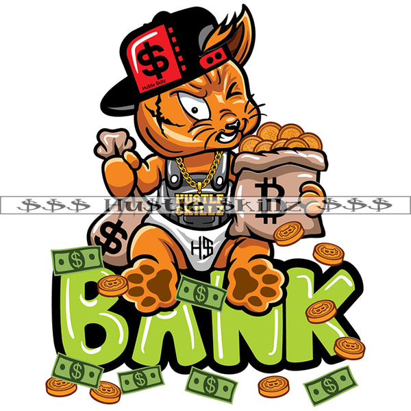 Bank Gangster Baby Cat Holding Money Bags Coins Investor Baseball Hat Grind Grinding Hustle Skillz Dope Hustler Hustling Designs For Products SVG PNG JPG EPS Cut Cutting