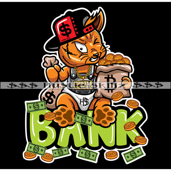 Bank Gangster Baby Cat Holding Money Bags Coins Investor Baseball Hat Grind Grinding Hustle Skillz Dope Hustler Hustling Designs For Products SVG PNG JPG EPS Cut Cutting