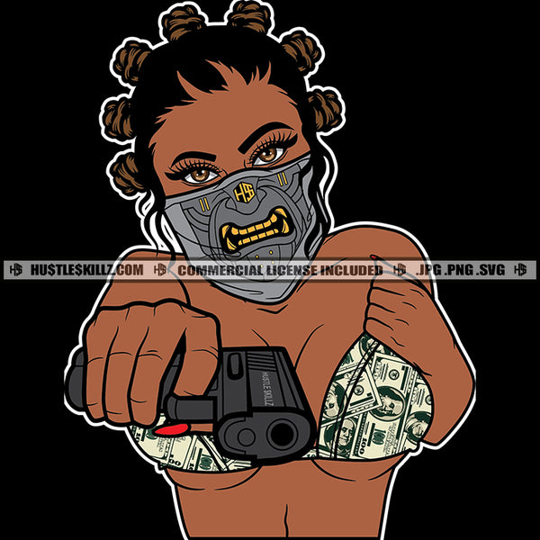 Gangster Woman Melanin Bantu Knots Hair Gun Facemask SVG PNG JPG Vector Cut Cutting Silhouette