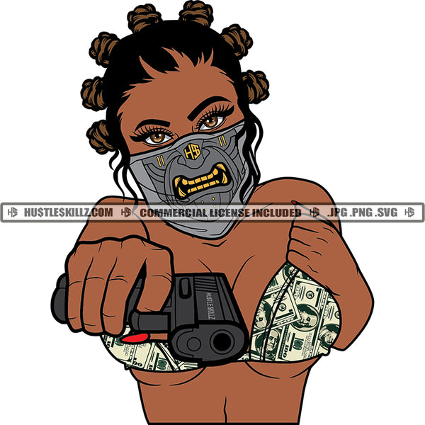 Gangster Woman Melanin Bantu Knots Hair Gun Facemask SVG PNG JPG Vector Cut Cutting Silhouette