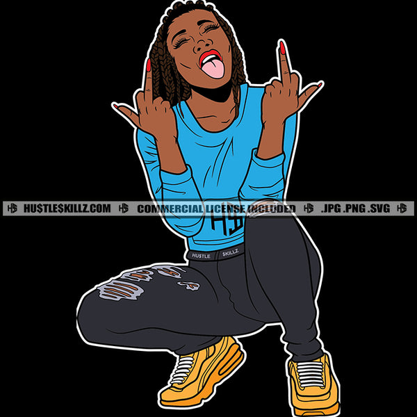 Melanin Woman Tongue Out Squatting Hustler Grind SVG PNG JPG Vector Cut Cutting Silhouette