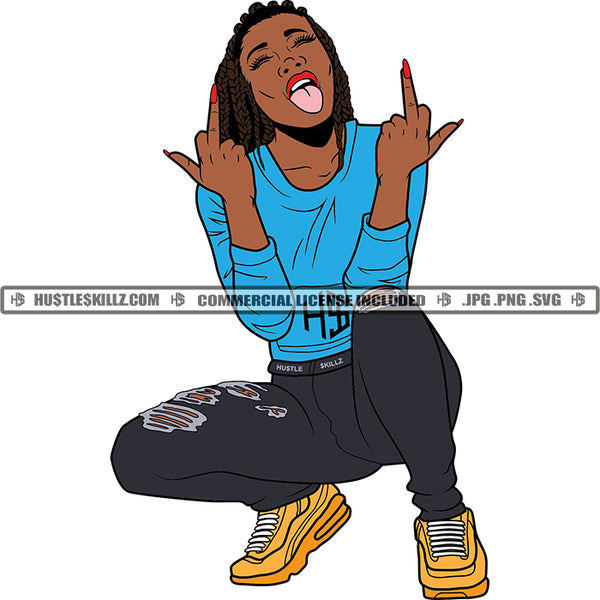 Melanin Woman Tongue Out Squatting Hustler Grind SVG PNG JPG Vector Cut Cutting Silhouette