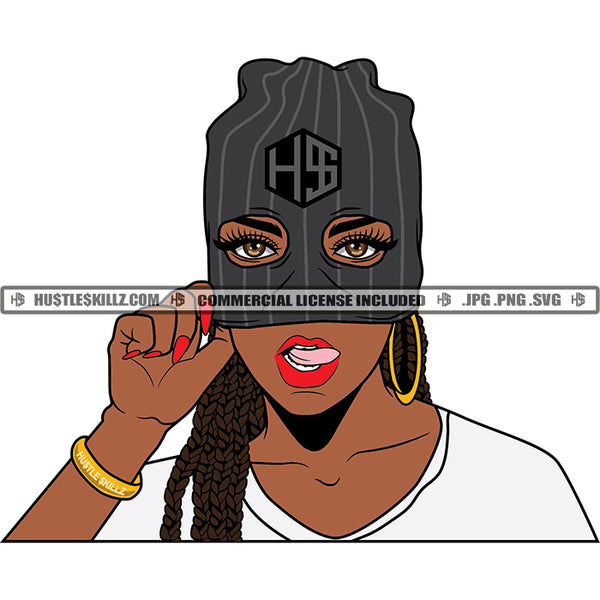 Gangster Woman Ski Mask Tongue Out Hustler Grind SVG PNG JPG Vector Cut Cutting Silhouette