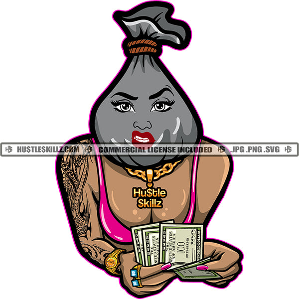 Money Bag Head Female Body Dollar Bills Hundreds Tattoos Necklace Grind Logo Hustle Skillz SVG PNG JPG Vector Cut Files Silhouette Cricut