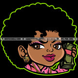 Nubian Woman Afro Puff Hairstyle Cash Money Graphic Cartoon Gold Chain Hustler Earring Hustle Skillz SVG PNG JPG Vector Cutting Cricut Silhouette