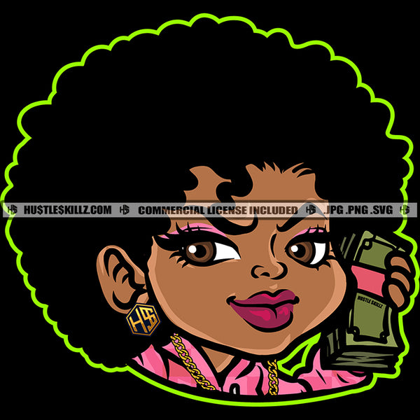 Nubian Woman Afro Puff Hairstyle Cash Money Graphic Cartoon Gold Chain Hustler Earring Hustle Skillz SVG PNG JPG Vector Cutting Cricut Silhouette