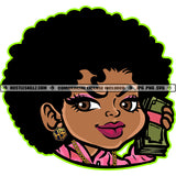 Nubian Woman Afro Puff Hairstyle Cash Money Graphic Cartoon Gold Chain Hustler Earring Hustle Skillz SVG PNG JPG Vector Cutting Cricut Silhouette