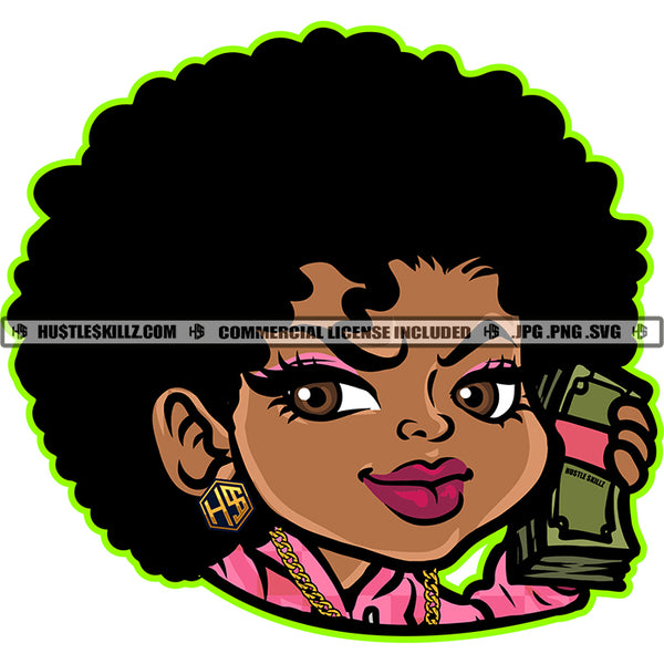 Nubian Woman Afro Puff Hairstyle Cash Money Graphic Cartoon Gold Chain Hustler Earring Hustle Skillz SVG PNG JPG Vector Cutting Cricut Silhouette