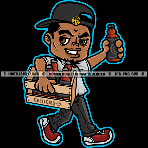 Man Cartoon Character Holding Whiskey Bottle Hustler Baseball Cap Hat Hustle Skillz SVG PNG JPG Vector Cutting Cricut Silhouette