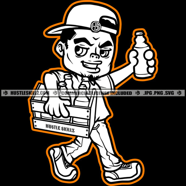 Gangster Man Cartoon Black And White Design Character Holding Whiskey Bottle Hustler Baseball Cap Hat Hustle Skillz SVG PNG JPG Vector Cutting Cricut Silhouette