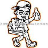 Gangster Man Cartoon Black And White Design Character Holding Whiskey Bottle Hustler Baseball Cap Hat Hustle Skillz SVG PNG JPG Vector Cutting Cricut Silhouette