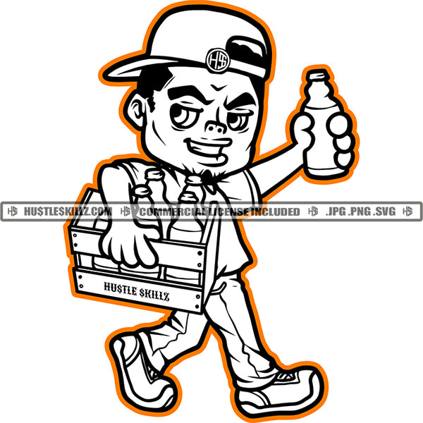 Gangster Man Cartoon Black And White Design Character Holding Whiskey Bottle Hustler Baseball Cap Hat Hustle Skillz SVG PNG JPG Vector Cutting Cricut Silhouette