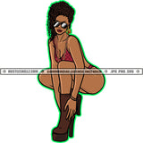 Sexy Melanin Woman Squatting Red Outfit Heels Shoes Grind Sunglass Chain Earring Grinding Dope Girl Fit Figure Hustling Hustler Logo Hustle Skillz SVG PNG JPG Vector Cut Files Silhouette Cricut