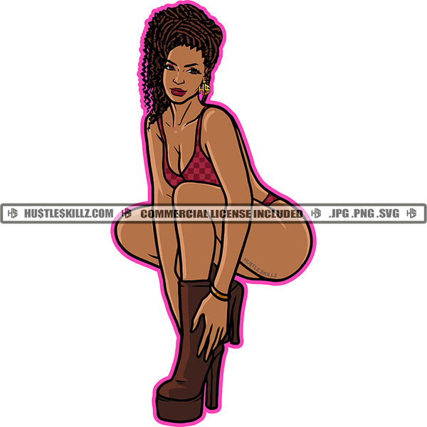 Melanin Woman Squatting High Heels Shoes Chain Earring Black Boots Grinding Dope Girl Fit Curvy And Sexy Figure Hustling Hustler Logo Hustle Skillz SVG PNG JPG Vector Cut Files Silhouette Cricut