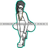 Woman Squatting Matching Outfit Chain Earring Sunglass Boots Grinding Dope Girl Fit Curvy And Sexy Figure Hustling Hustler Logo Black And White Design Hustle Skillz SVG PNG JPG Vector Cut Files Silhouette Cricut