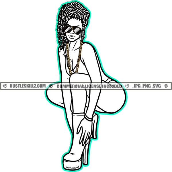 Woman Squatting Matching Outfit Chain Earring Sunglass Boots Grinding Dope Girl Fit Curvy And Sexy Figure Hustling Hustler Logo Black And White Design Hustle Skillz SVG PNG JPG Vector Cut Files Silhouette Cricut