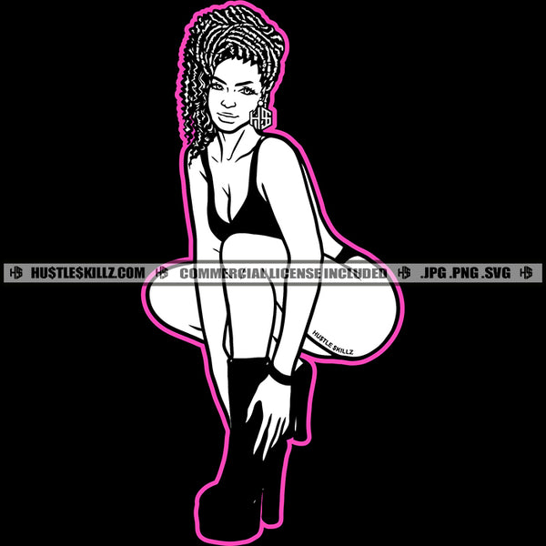 Black Girl Magic African American Lady Squatting Matching Outfit Earring Boots Grinding Dope Girl Fit Curvy And Sexy Figure Hustling Hustler Logo Hustle Skillz SVG PNG JPG Vector Cut Files Silhouette Cricut