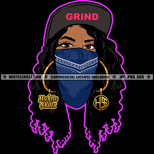 Nubian Woman Facemask Mafia Hustler Earing Grind Dope Ghetto Street Girl Hat Logo Hustle Skillz SVG PNG JPG Vector Cut Files Silhouette Cricut