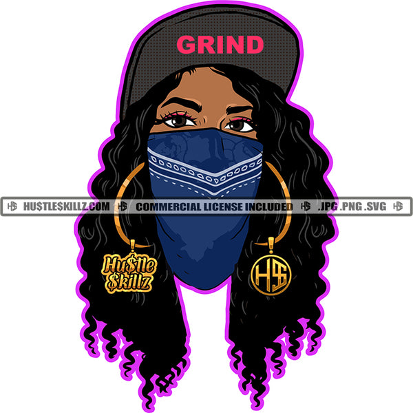 Nubian Woman Facemask Mafia Hustler Earing Grind Dope Ghetto Street Girl Hat Logo Hustle Skillz SVG PNG JPG Vector Cut Files Silhouette Cricut