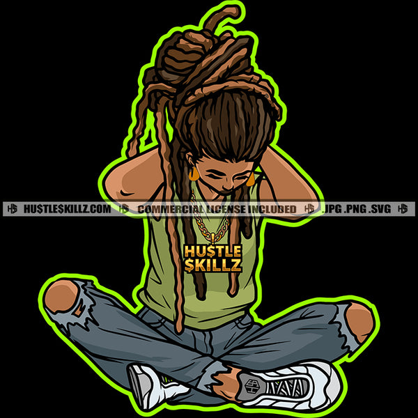 Afro Man Braids Dreads Dreadlocks Hairstyle Portrait Picture Gold Chain Wearing Earing Sitting Logo Hustle Skillz SVG PNG JPG Vector Cut Files Silhouette Cricut