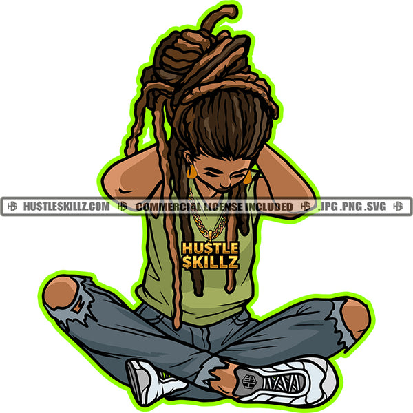 Afro Man Braids Dreads Dreadlocks Hairstyle Portrait Picture Gold Chain Wearing Earing Sitting Logo Hustle Skillz SVG PNG JPG Vector Cut Files Silhouette Cricut