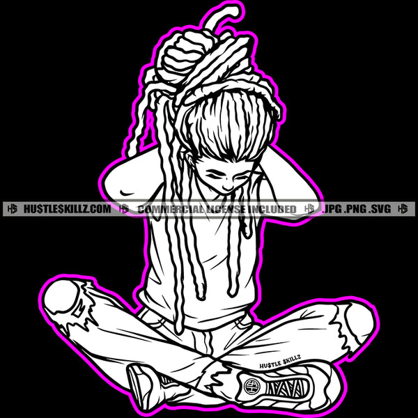 Afro Man Black And White Design Braids Dreads Dreadlocks Hairstyle Portrait Picture Sitting Logo Hustle Skillz SVG PNG JPG Vector Cut Files Silhouette Cricut