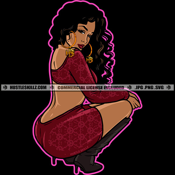 Sexy Melanin Woman Twerking Matching Outfit Hustler Earring Boots Grinding Dope Girl Fit Curvy And Sexy Figure Hustling Logo Hustle Skillz SVG PNG JPG Vector Cut Files Silhouette Cricut