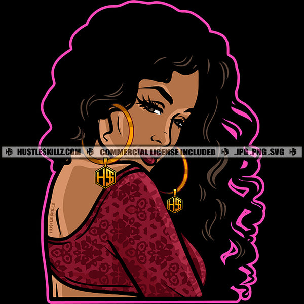 Black Girl Long Wave Hairstyle Hustler Gold Earring Grinding Dope Girl Fit Sexy Figure Hustling Logo Hustle Skillz SVG PNG JPG Vector Cut Files Silhouette Cricut