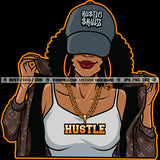 Melanin Woman Wearing Baseball Hat Cap Sexy Fit Figure Afro Hairstyle Street Girl Gold Chain Hustler Earring Holding Shirt collar Logo Hustle Skillz SVG PNG JPG Vector Cut Files Silhouette Cricut