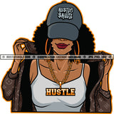 Melanin Woman Wearing Baseball Hat Cap Sexy Fit Figure Afro Hairstyle Street Girl Gold Chain Hustler Earring Holding Shirt collar Logo Hustle Skillz SVG PNG JPG Vector Cut Files Silhouette Cricut