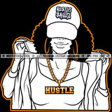 Nubian Woman Black And White Design Wearing Baseball Hat Cap Sexy Fit Figure Afro Hairstyle Street Girl Gold Chain Hustler Earring Holding Shirt collar Logo Hustle Skillz SVG PNG JPG Vector Cut Files Silhouette Cricut