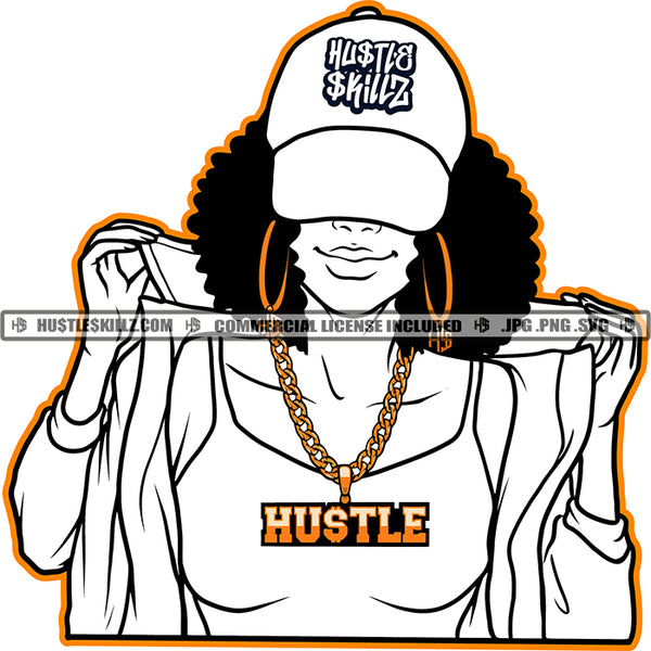 Nubian Woman Black And White Design Wearing Baseball Hat Cap Sexy Fit Figure Afro Hairstyle Street Girl Gold Chain Hustler Earring Holding Shirt collar Logo Hustle Skillz SVG PNG JPG Vector Cut Files Silhouette Cricut